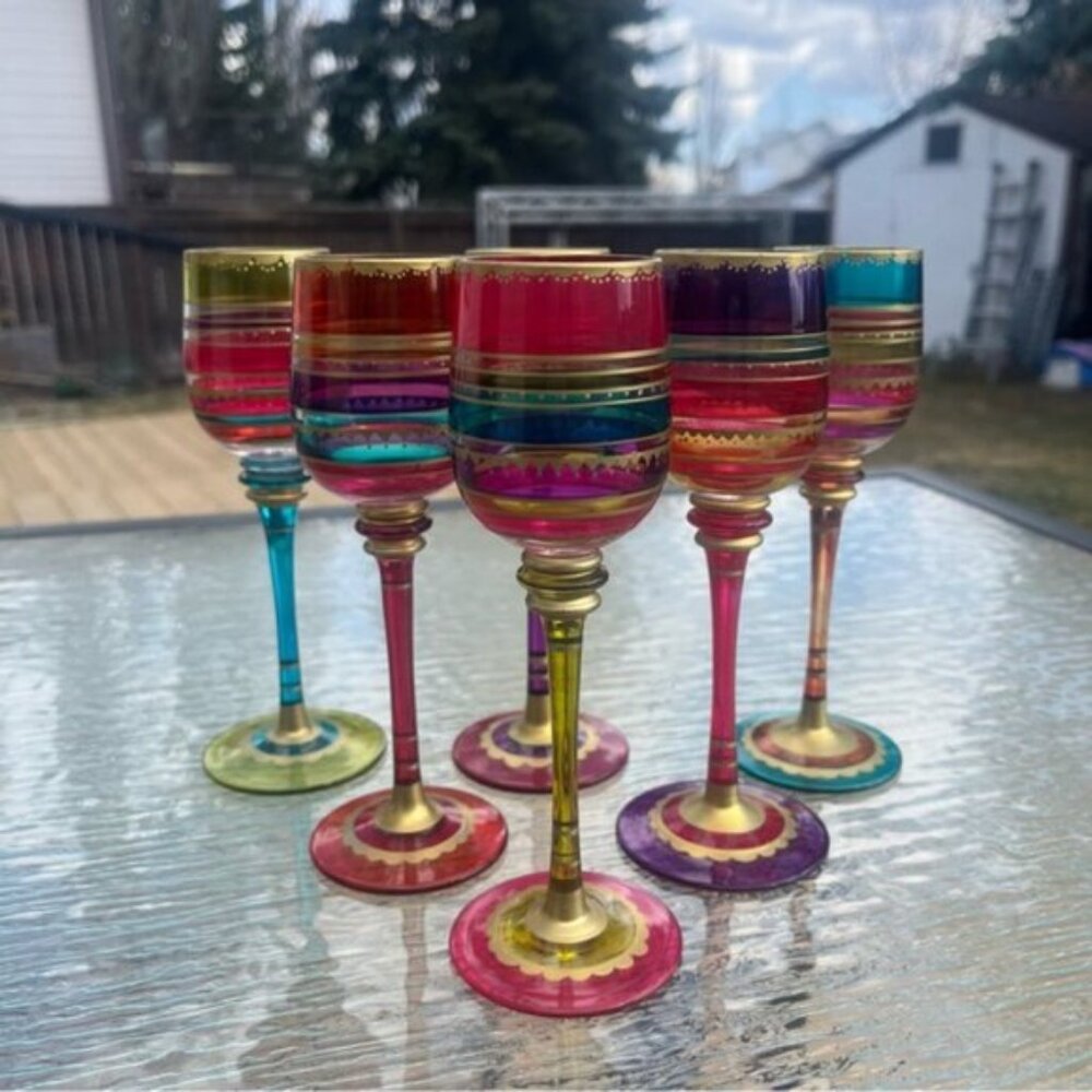 Pier 1 Multi-Color Hand Painted Jewel Toned Long Stem Glasses Set 6